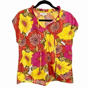 THML Retro Floral Blouse Boho Mod 70s Bright Tie Neck Top-Medium